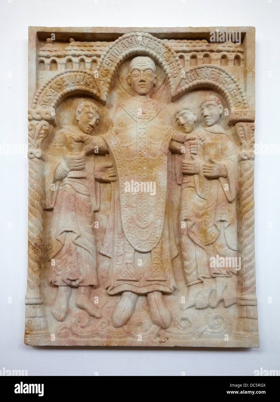 Sculptural detail in the cloister, Yuso Monastery, San Millan de la Cogolla, La Rioja, Spain Stock Photo