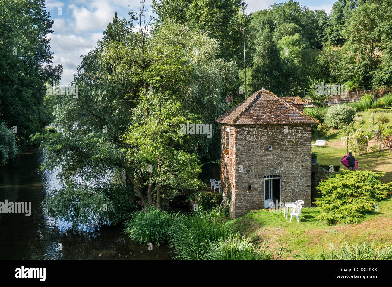 A gite on the river at Le Vey, near Clécy, Calvados department, Basse-Normandie, north west France. Stock Photo