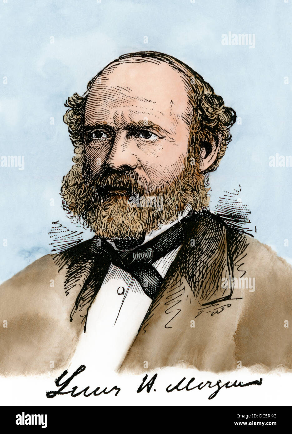 American ethnologist Lewis Henry Morgan, with his autograph. Hand-colored woodcut Stock Photo