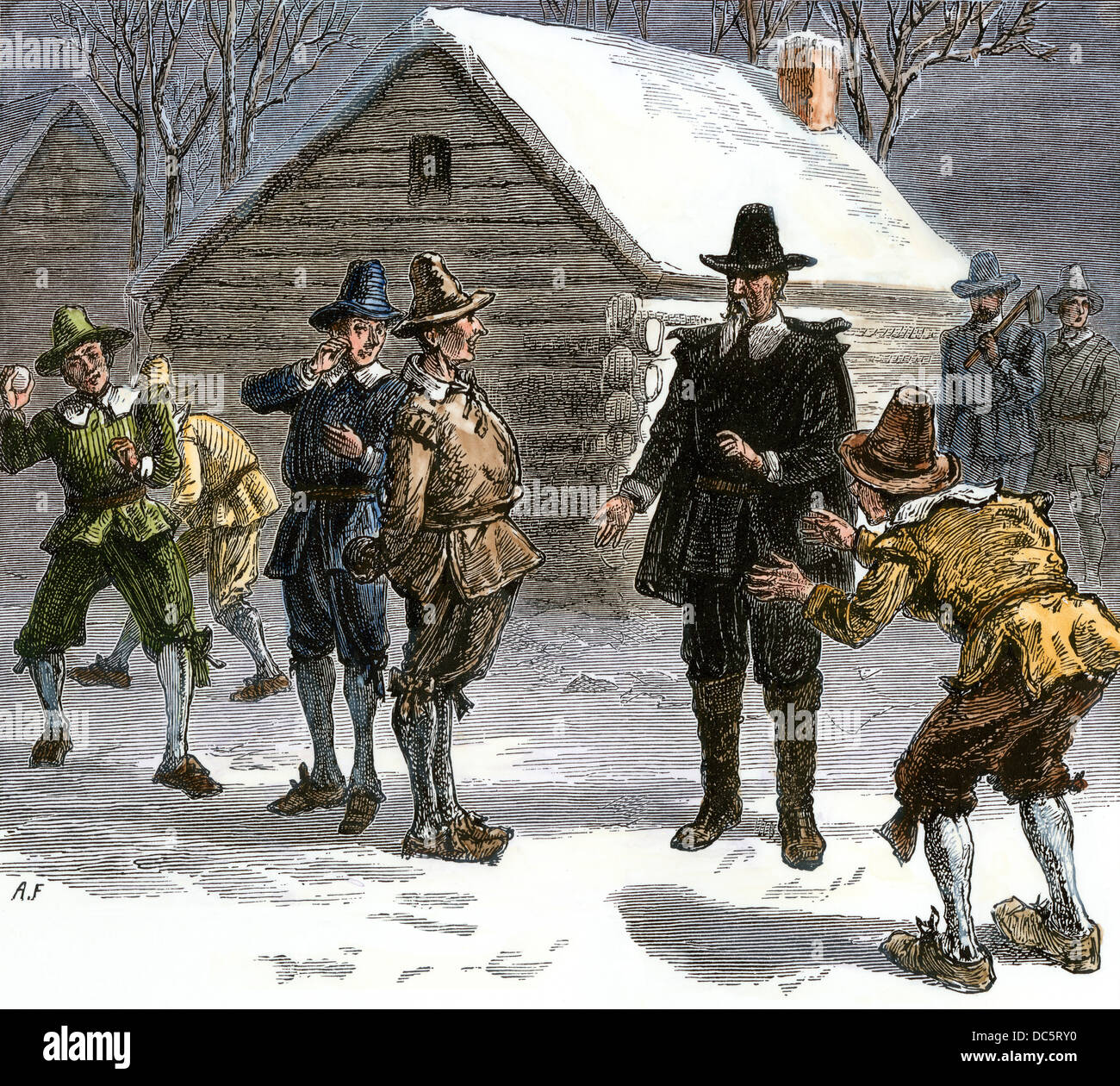 Plymouth colonists tossing snowballs in front of Governor William Bradford, 1621-22. Hand-colored woodcut Stock Photo