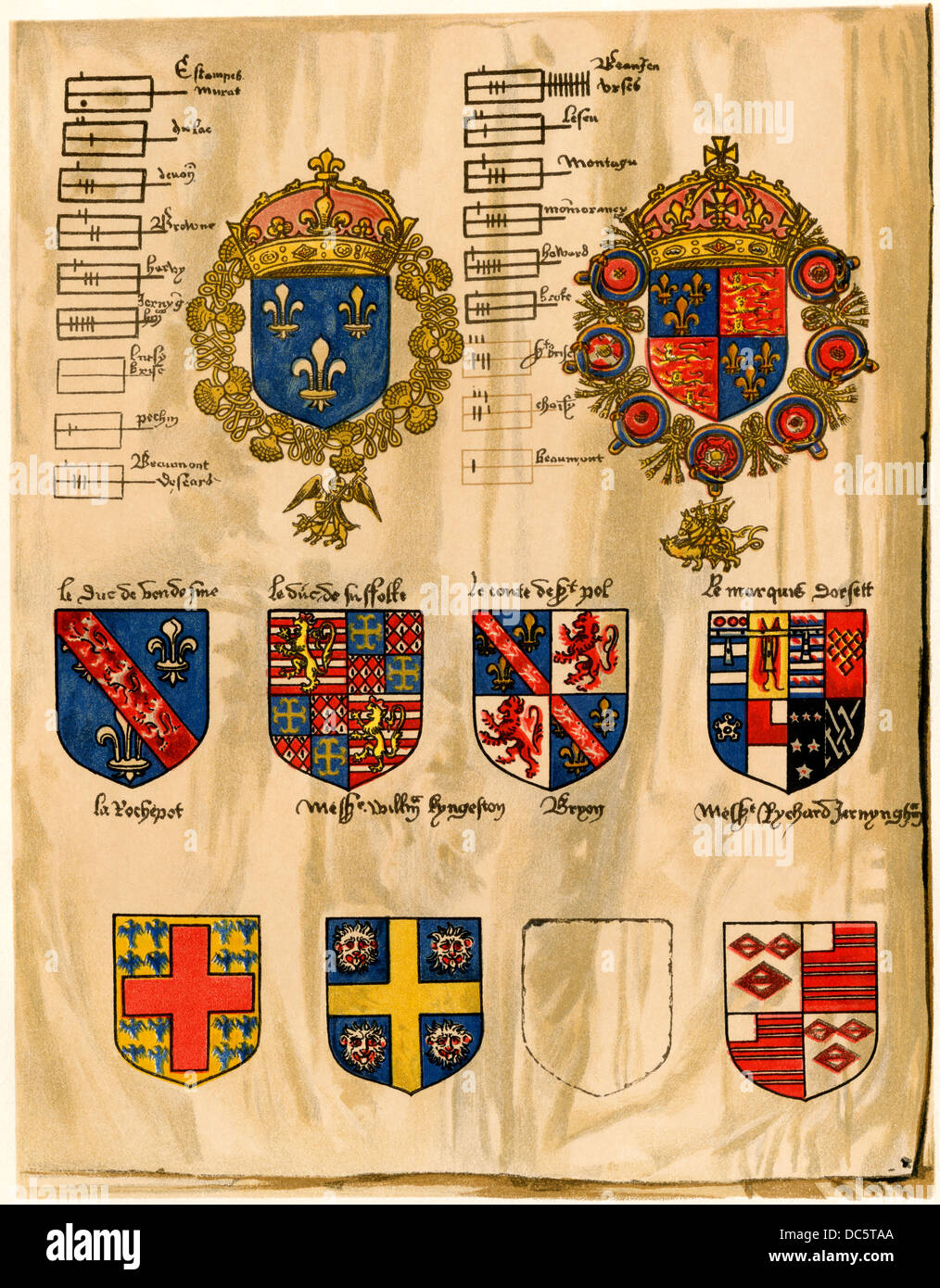 Coat-of-arms of the French and English kings top a roll of jousters on the Field of the Cloth of Gold, 1520. Color lithograph reproduction Stock Photo