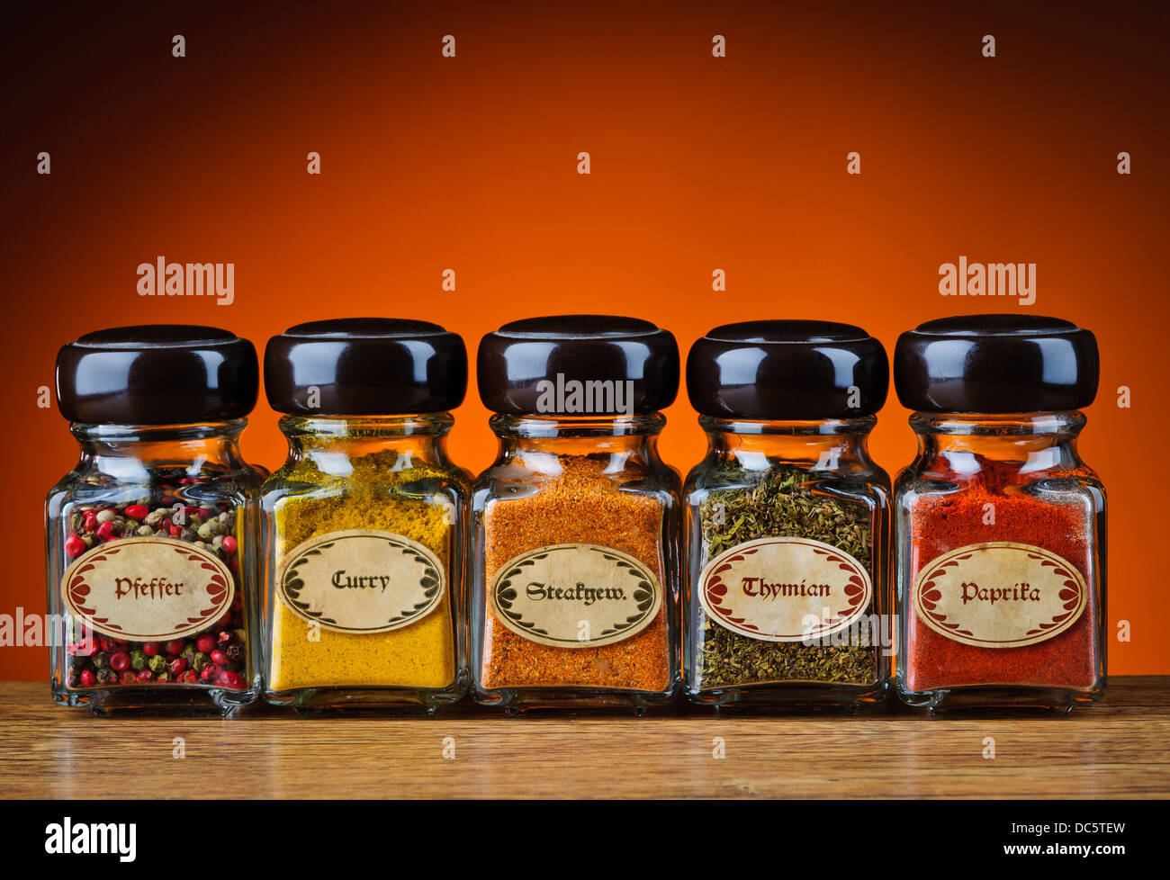 still life with various spices in bottles Stock Photo