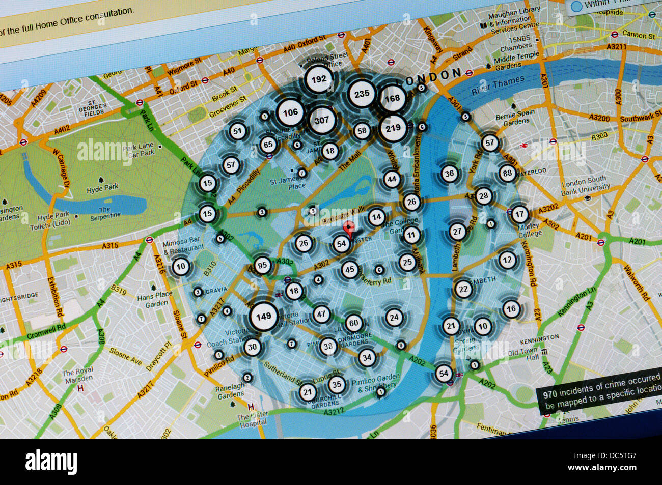 Incidence of crime in central London Westminster area shown on crime map from police.uk. Stock Photo