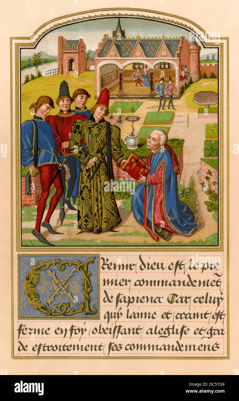 Georges Chastellain offering his book, Instruction of a Young Prince, to Charles, Duke of Burgundy, 1400s. Color lithograph reproduction Stock Photo