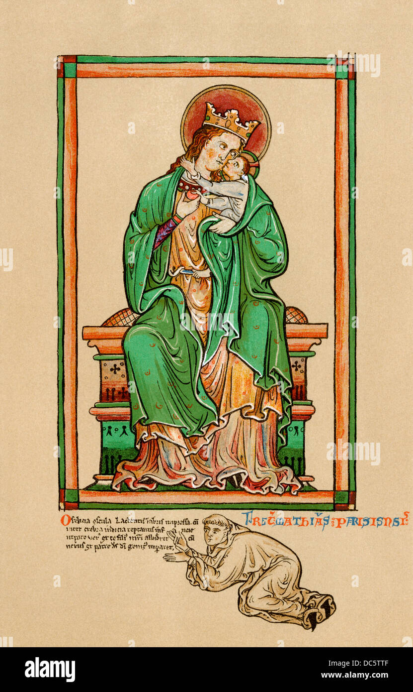 Monk Matthew Paris at the feet of the Virgin and Child, from his own drawing, England, 1200s. Color lithograph reproduction Stock Photo