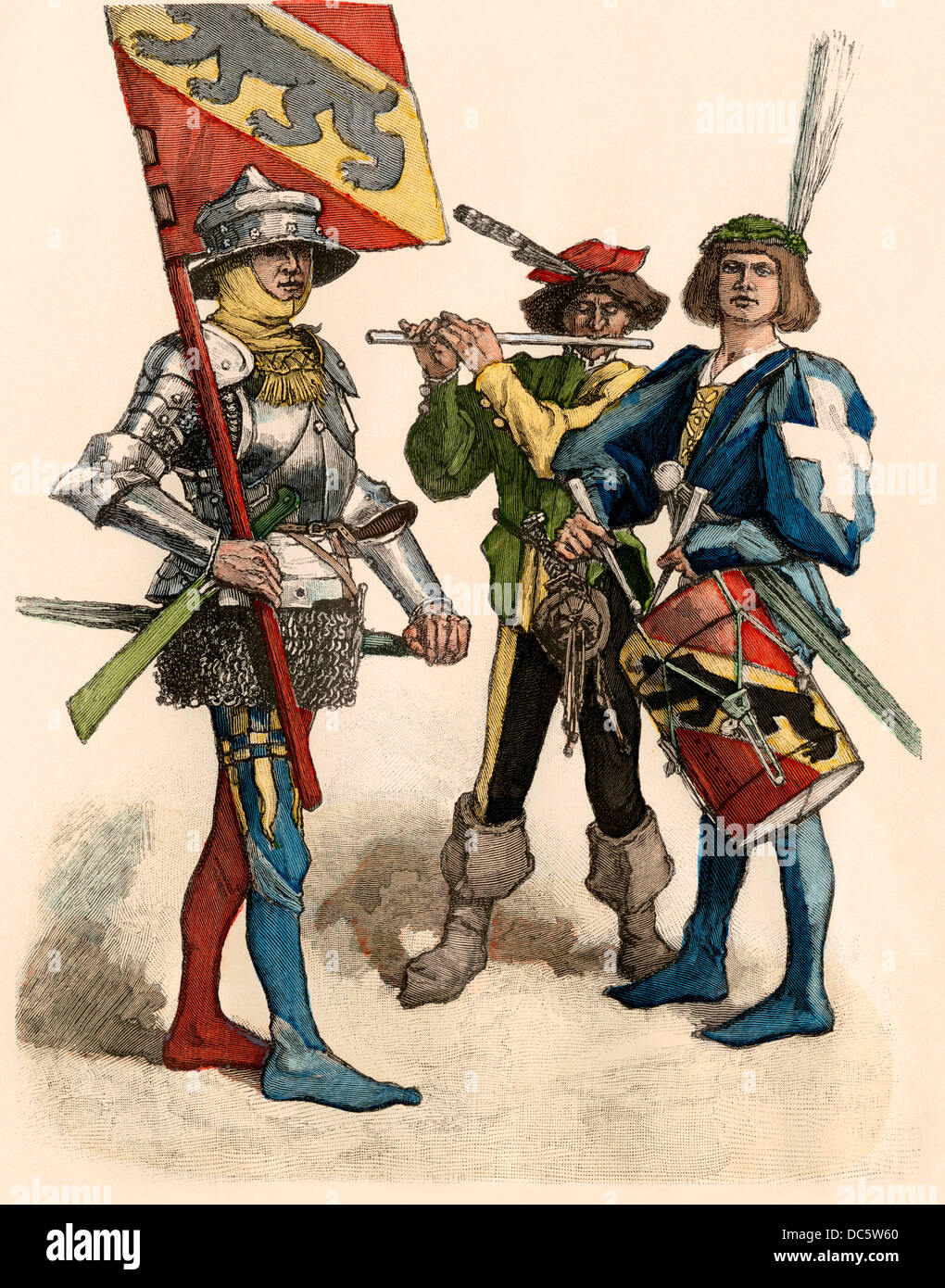 Swiss knight carrying the flag of Berne, with a fifer and drummer, 1400s. Hand-colored print Stock Photo