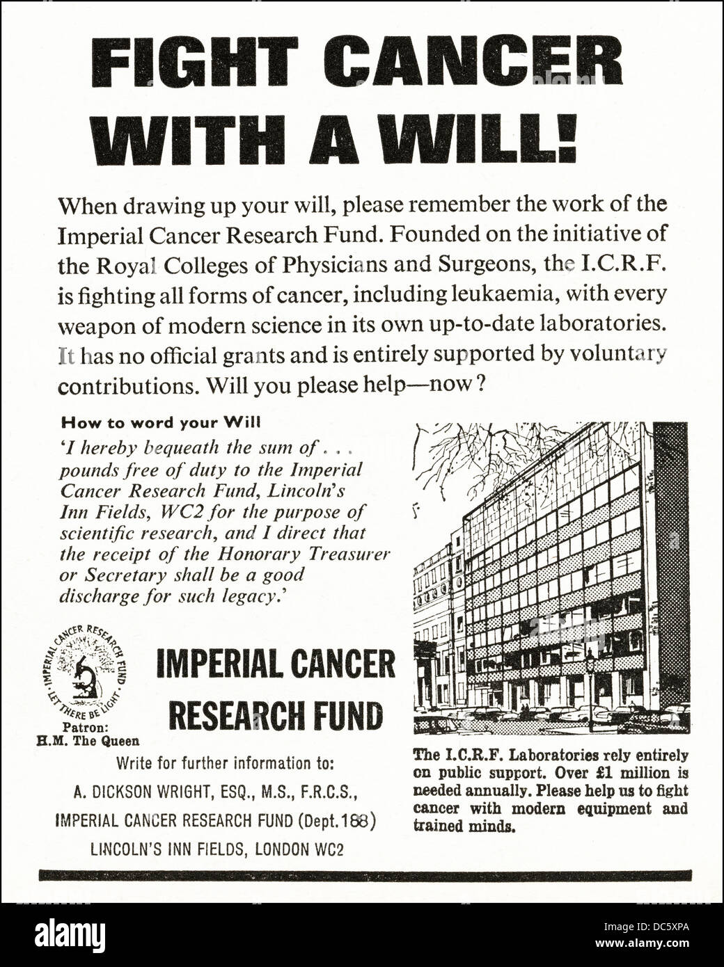 Advertisement for IMPERIAL CANCER RESEARCH FUND magazine advert circa ...