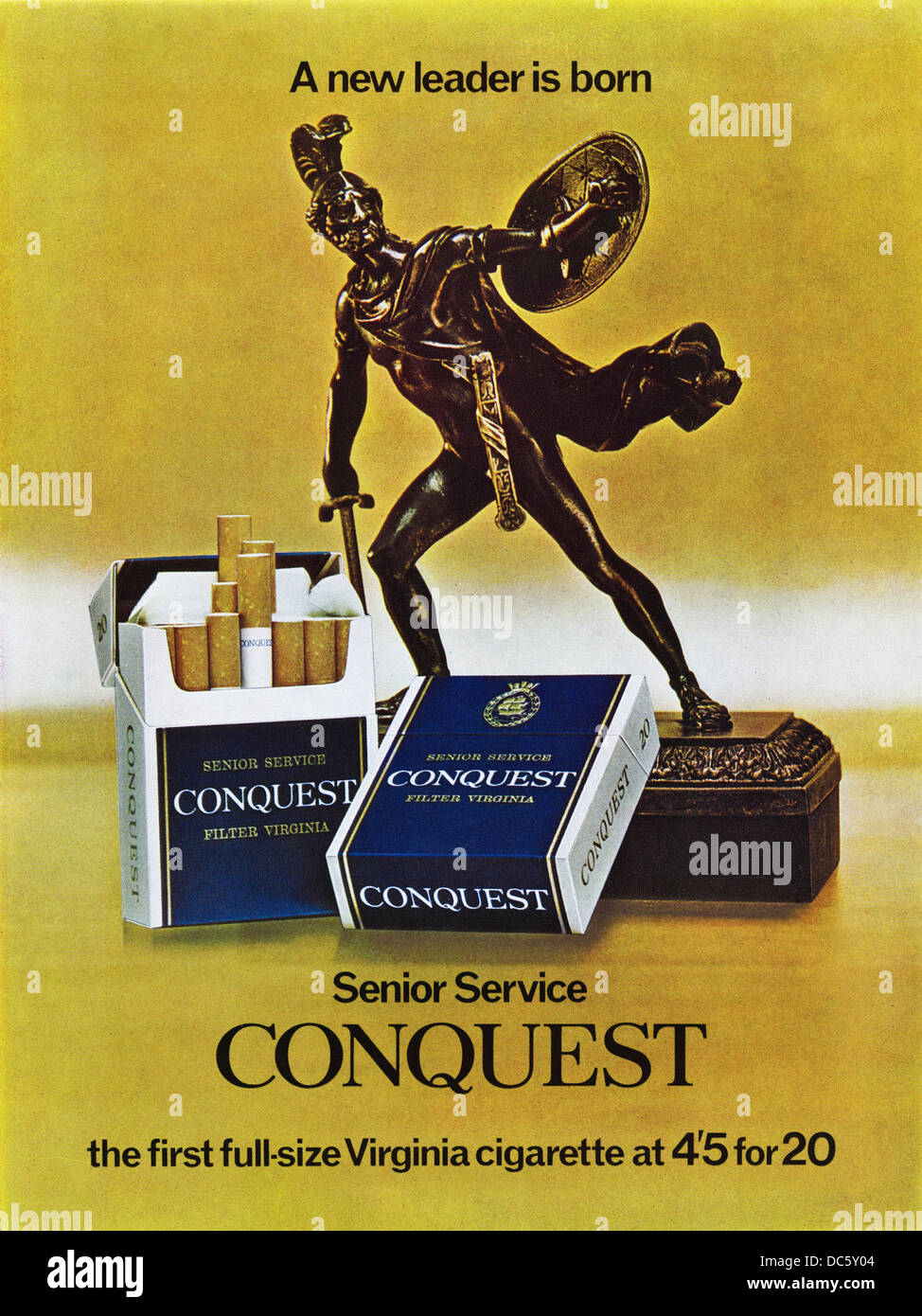 Advertisement for SENIOR SERVICE CONQUEST filter tipped cigarettes magazine advert circa 1968