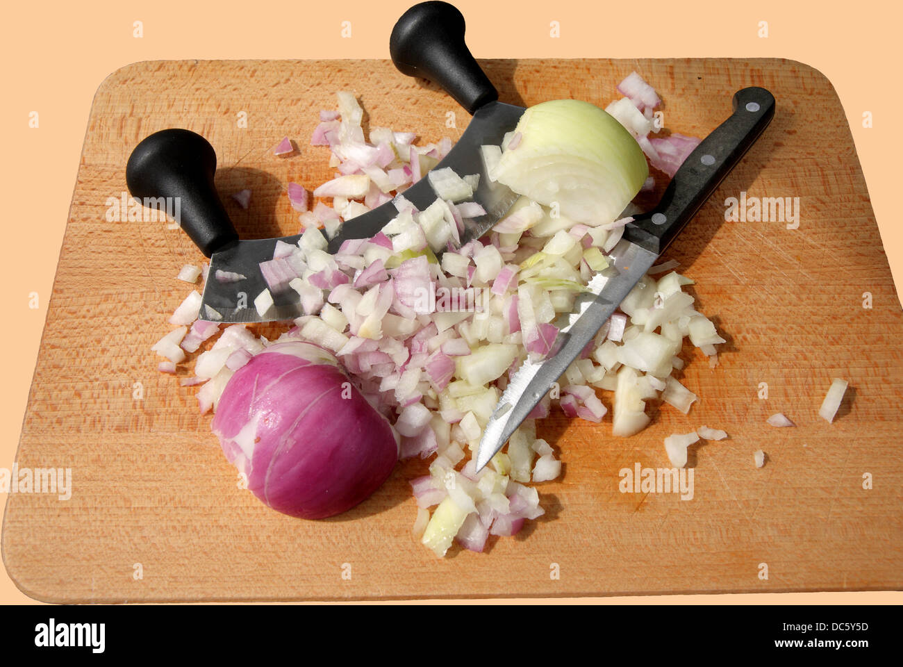 Chopped Red and White Onions on Chopping Board with Knife and Dicing utensil Stock Photo Alamy