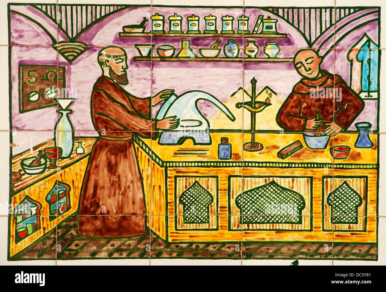 Painted ceramic tiles depicting a monastery pharmacy in the Middle Age