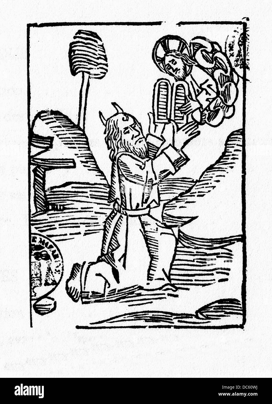 God gives Moses the Tablets of the Law. ´Légende dorée ´. Westminster, 1483. Stock Photo