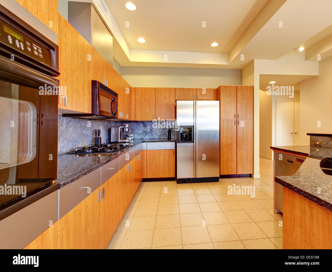 Large Modern Wood Kitchen With Living Room And High Ceiling Stock