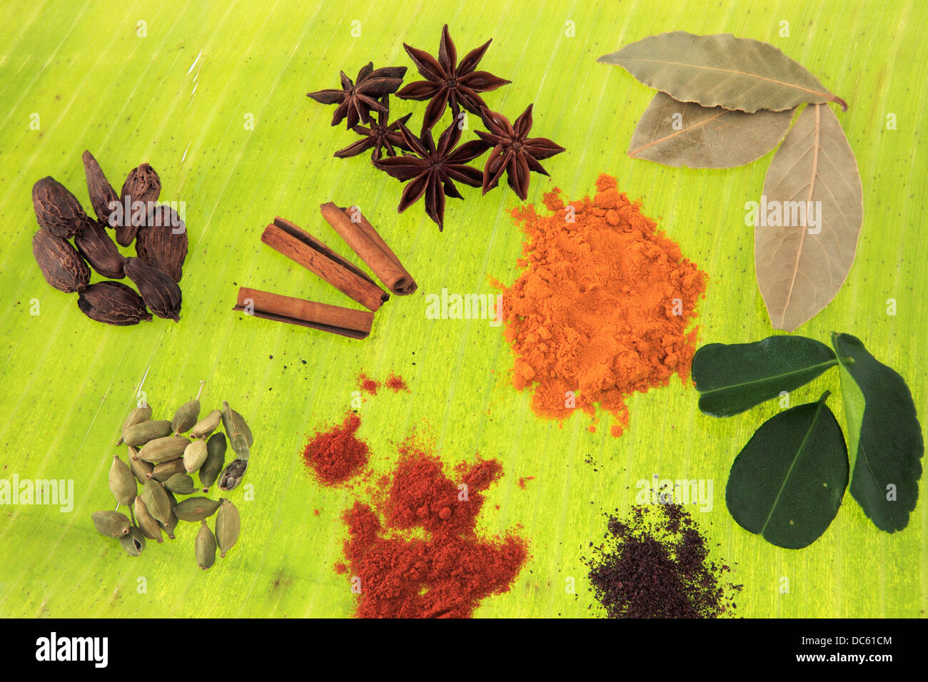 Spices on a banana leaf Stock Photo