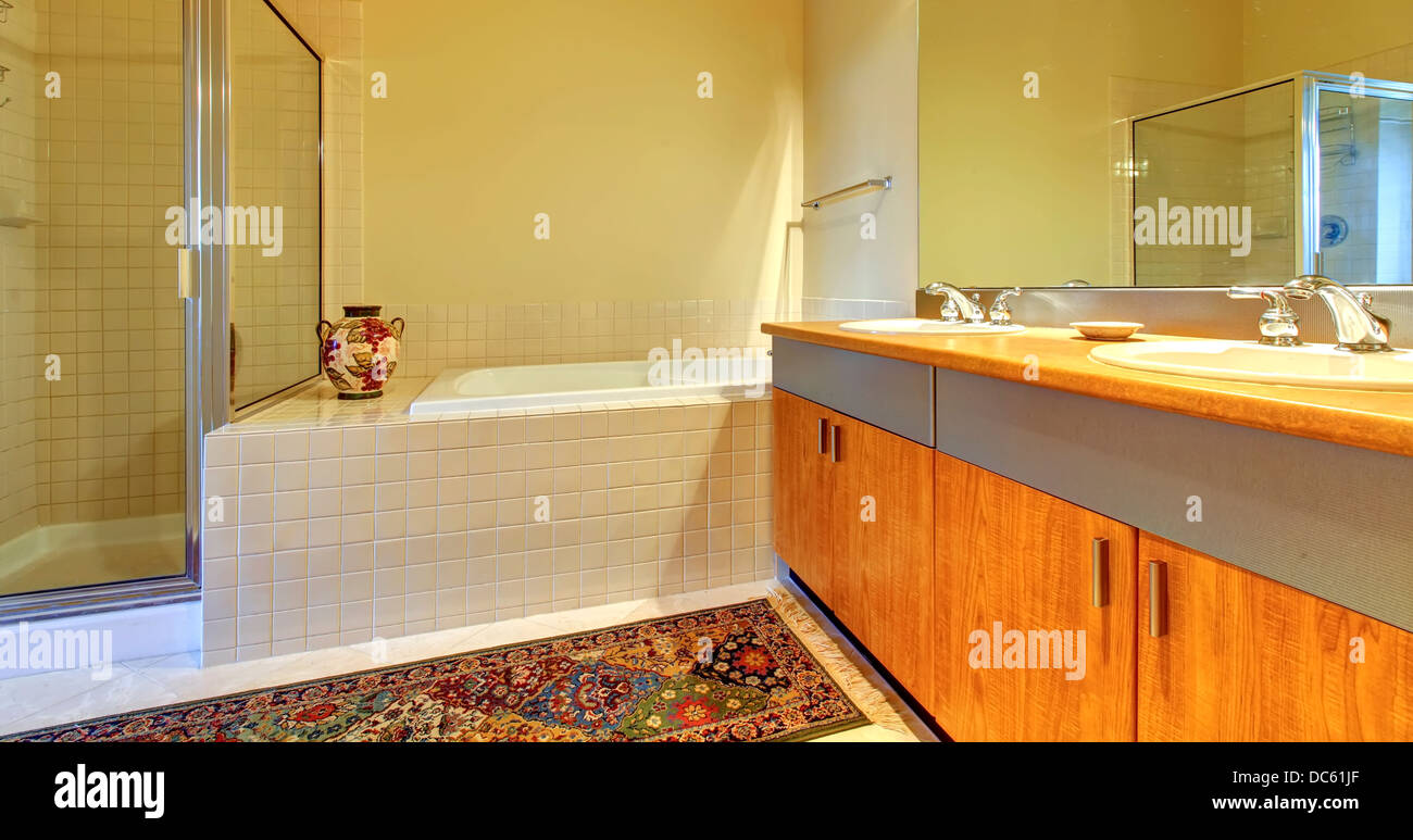 Bathroom with modern wood tub and shower Stock Photo Alamy