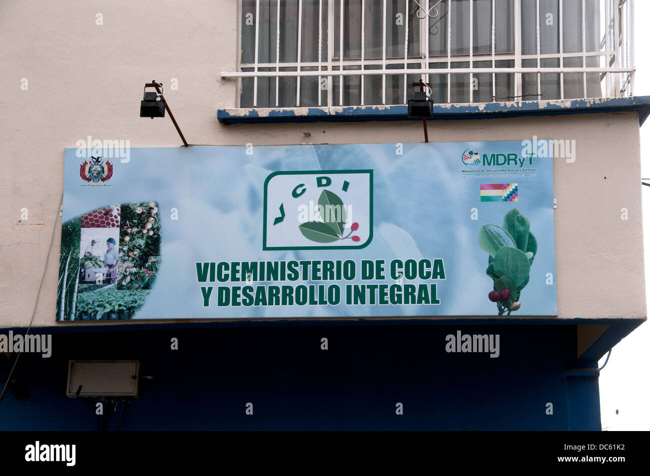 Bolivia June 2013. Vice Ministry of Coca - sign on the outside of the building Stock Photo