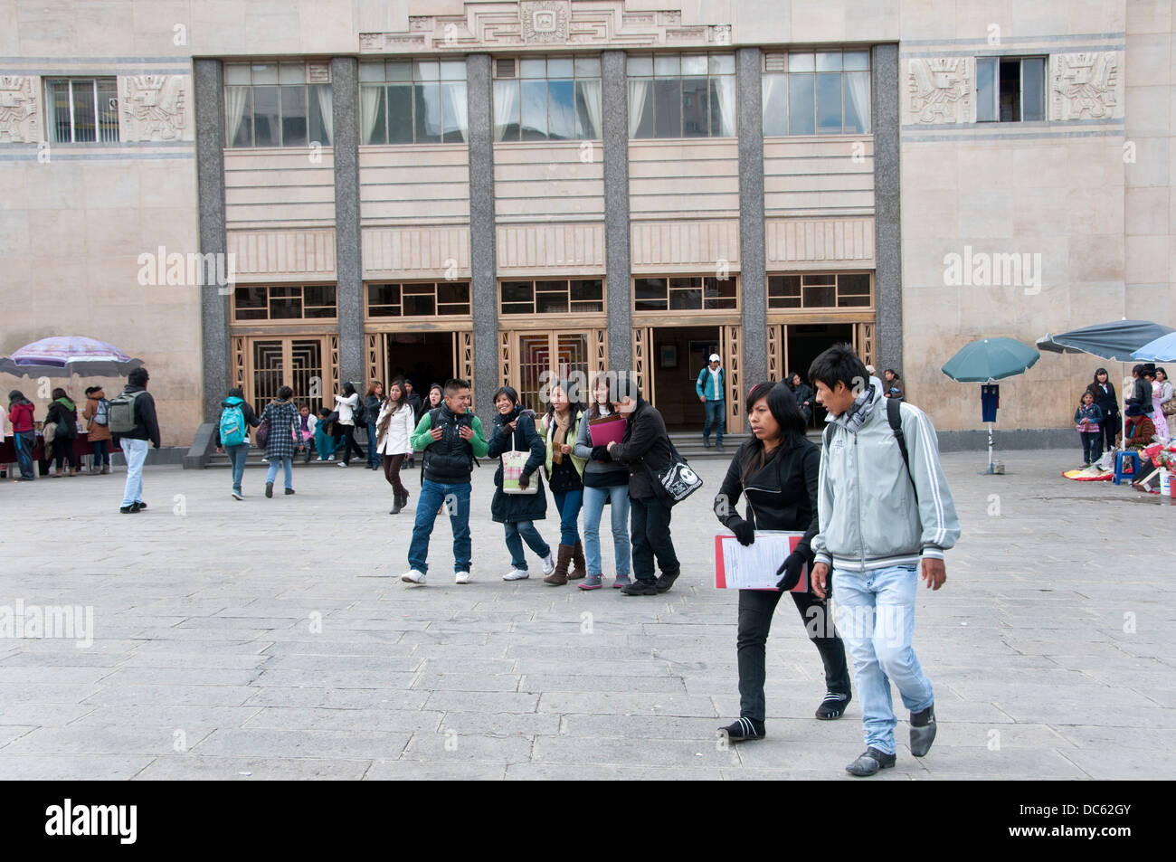 Bolivia June 2013. UMSA ,San Andreas State University , La Paz.Students stand around in small groups outside the main building. Stock Photo