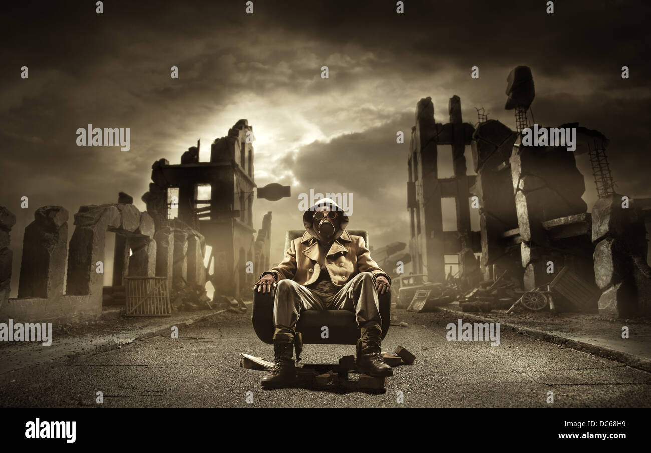 Post apocalyptic survivor in gas mask Stock Photo