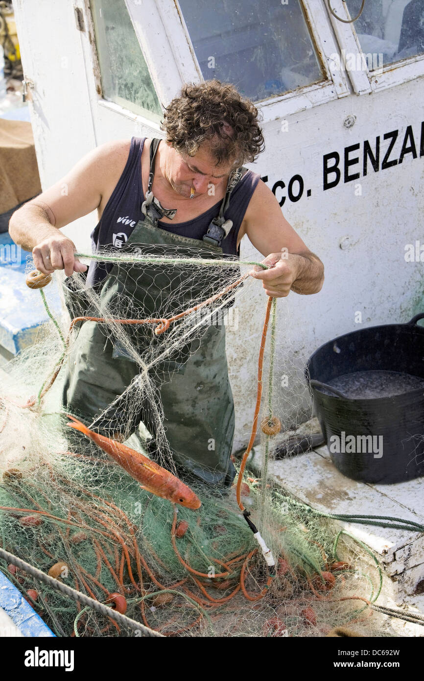 Fisherman removing fish nets in the port of Estepona, Malaga