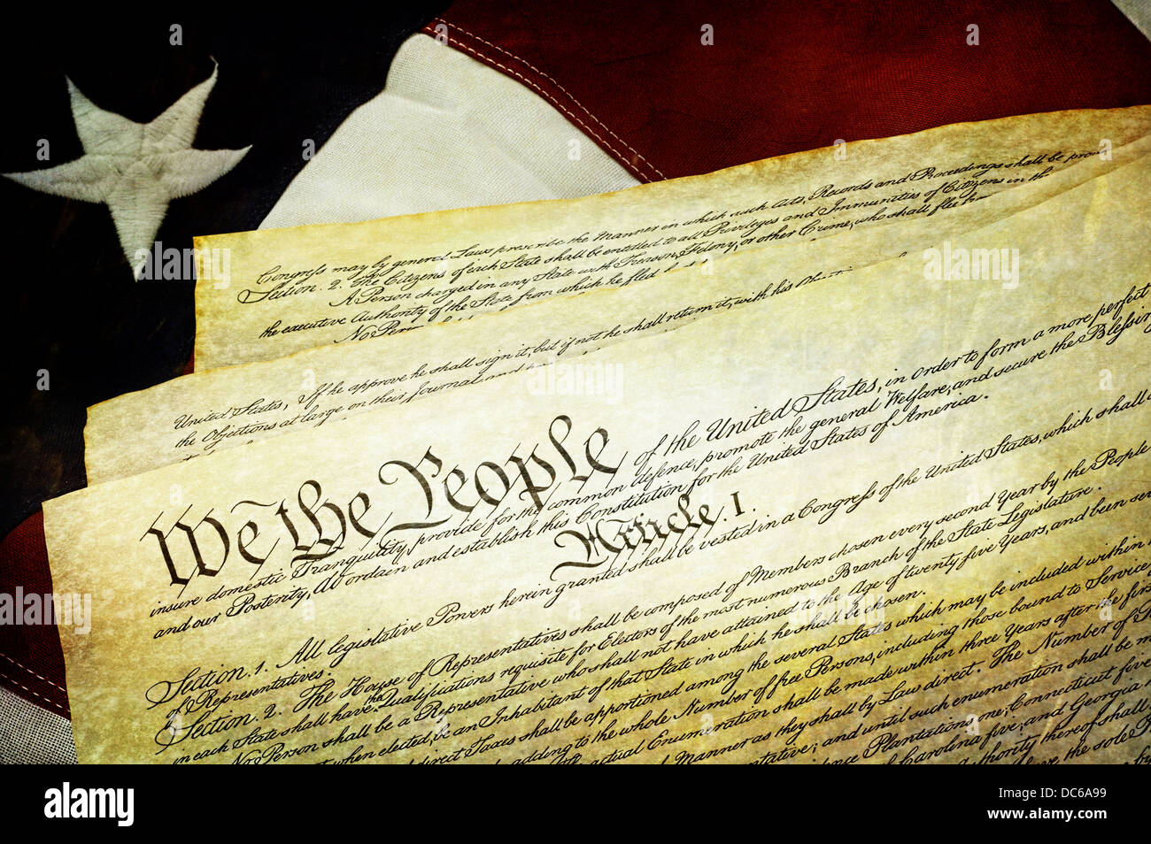 Textured American Constitution with US Flag Stock Photo