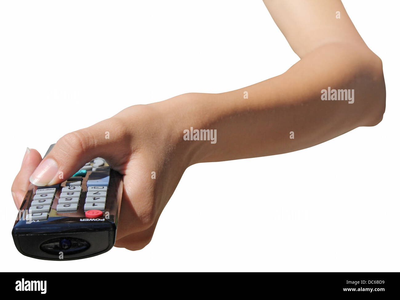 hand uses remote control isolated on white background Stock Photo Alamy