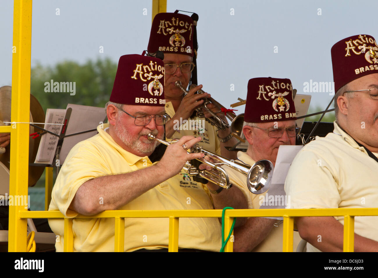 Part of a Shriner band playing on a parade float. Stock Photo