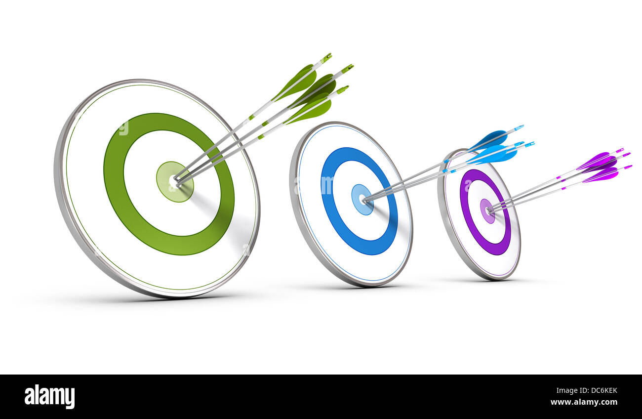 Three colorful targets with arrows hitting the center, concept image for achieving business objectives Stock Photo