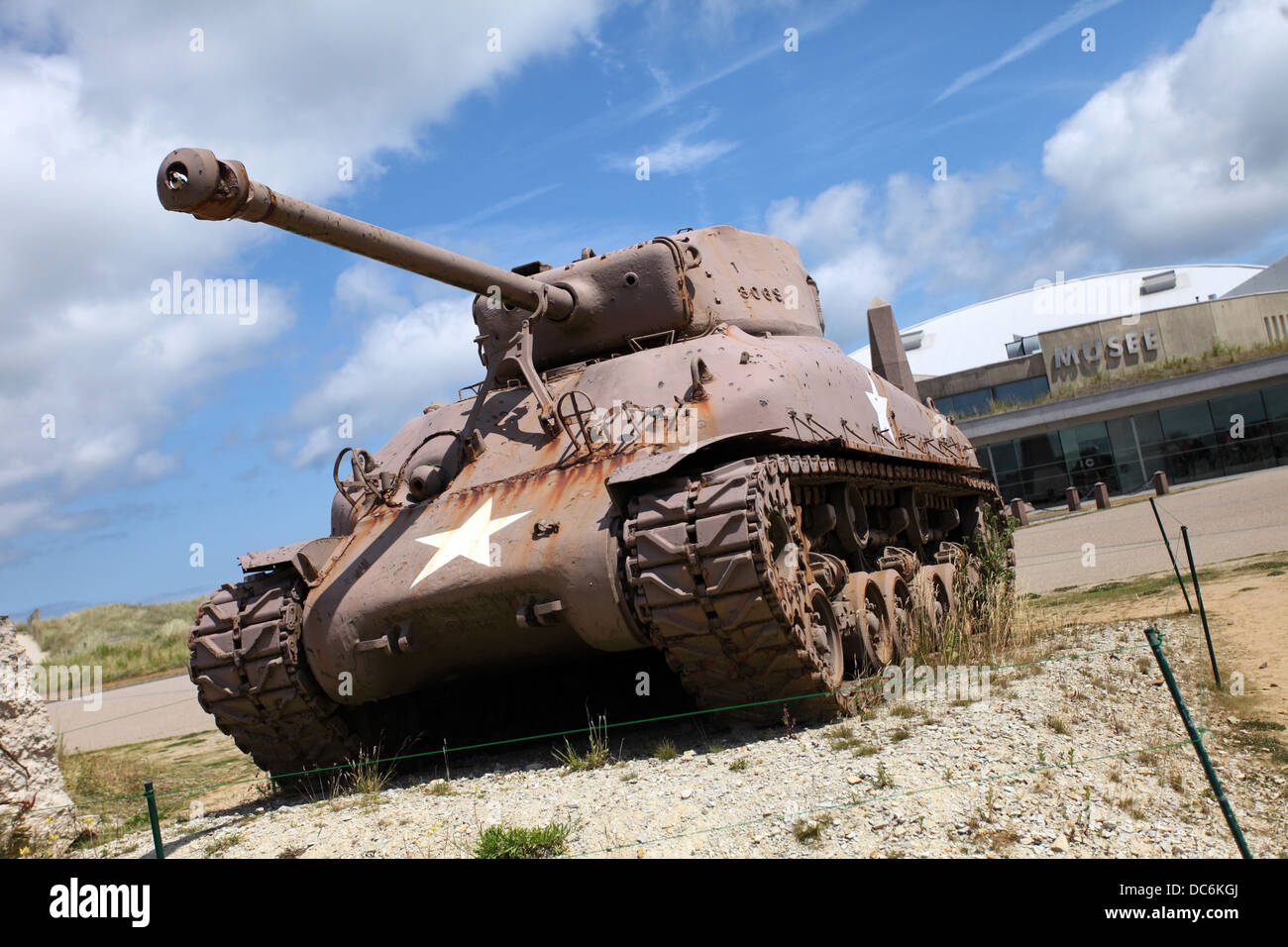 Sherman Tank abandoned at Utah Beach, Normandy, now a memorial to those who died liberating France. Stock Photo