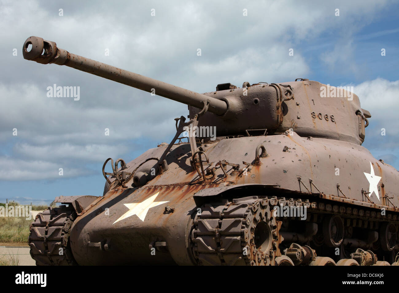 Abandoned Sherman tank near the memorial at Utah Beach, Normandy, France Stock Photo