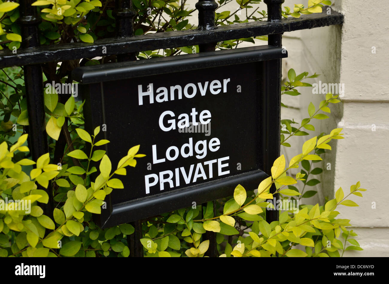 'Hanover Gate Lodge Private' sign, Park Road NW8, London, UK Stock Photo