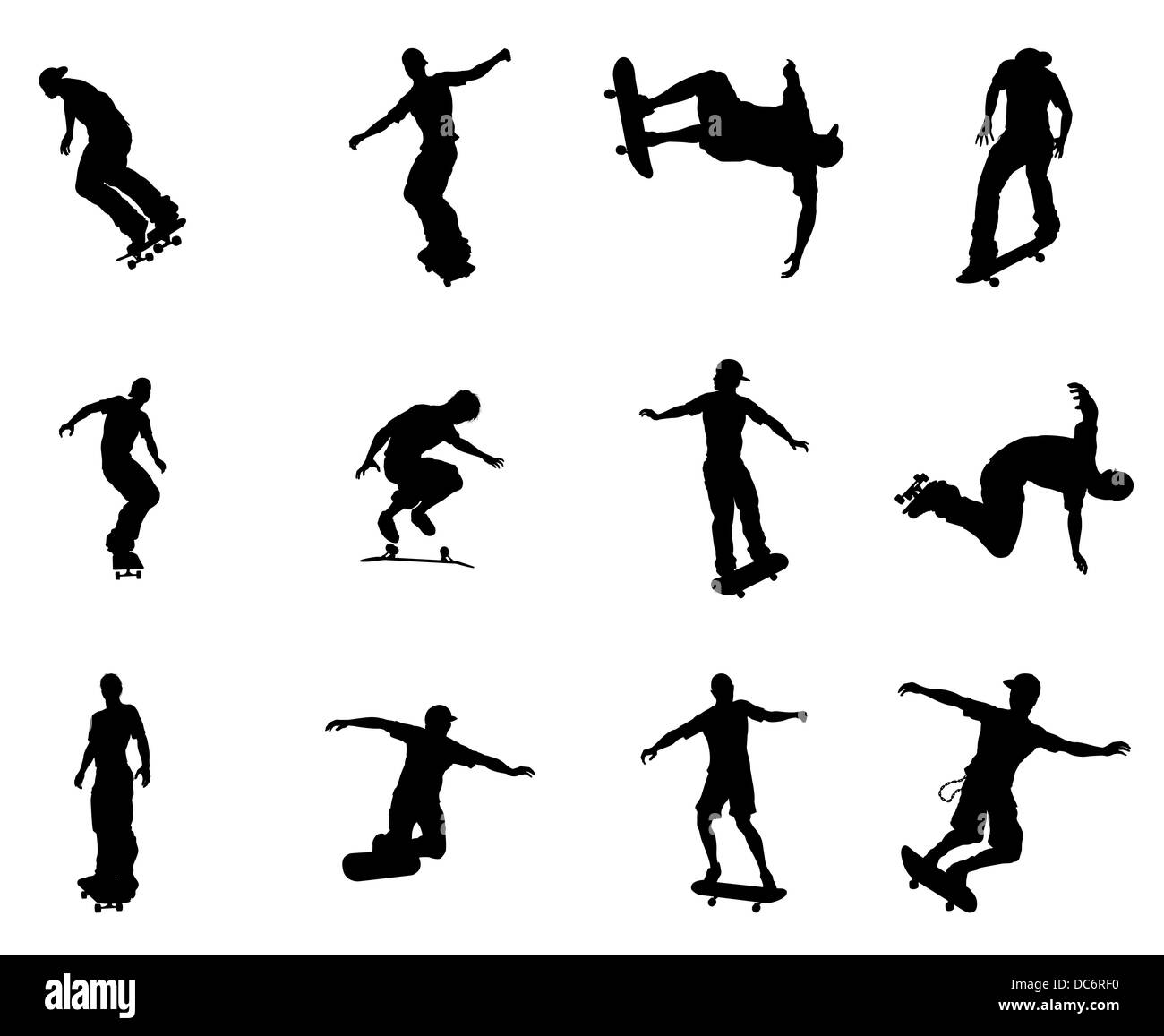 Very high quality and highly detailed skating skateboarder silhouette outlines. Stock Photo