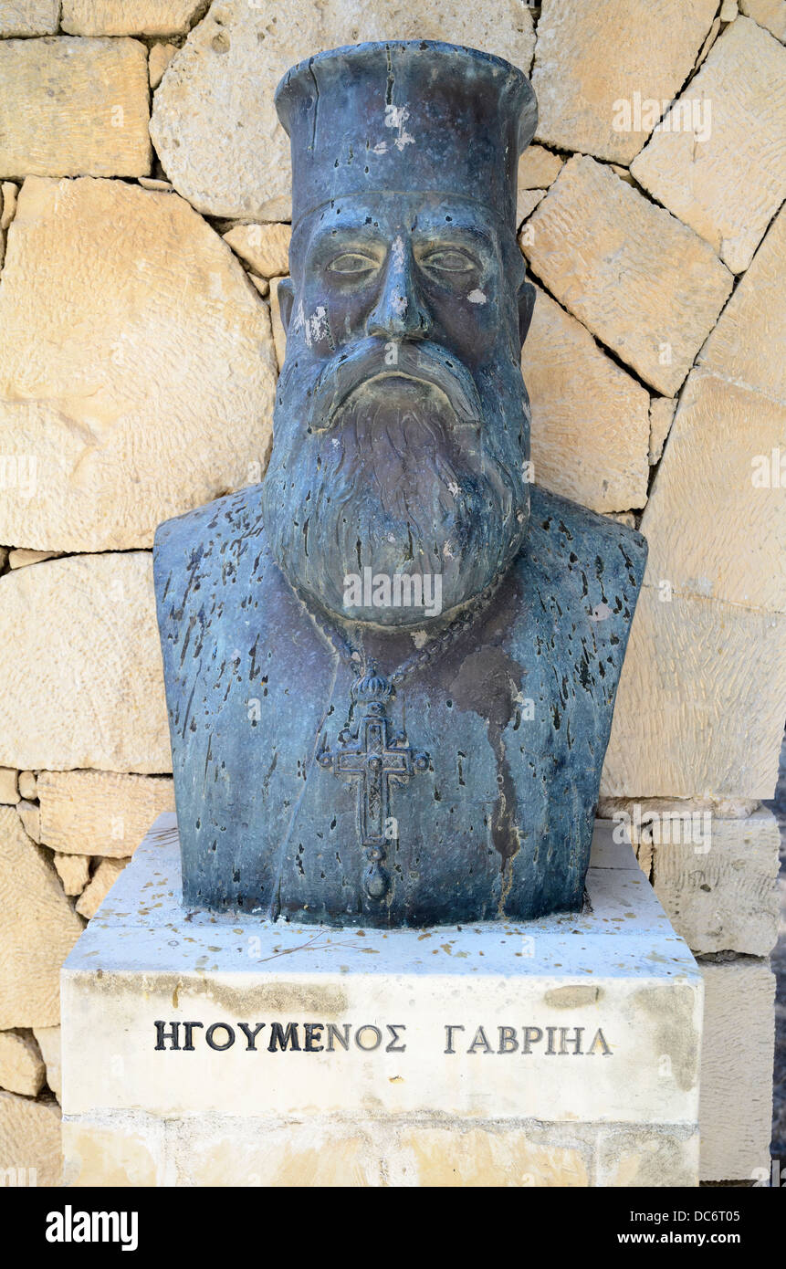Bust of the hegumen Gavriil Marinakis  , who lit gunpowder which caused an explosion in the building in 1866 - Monastery of Arkadi - Crete, Greece Stock Photo