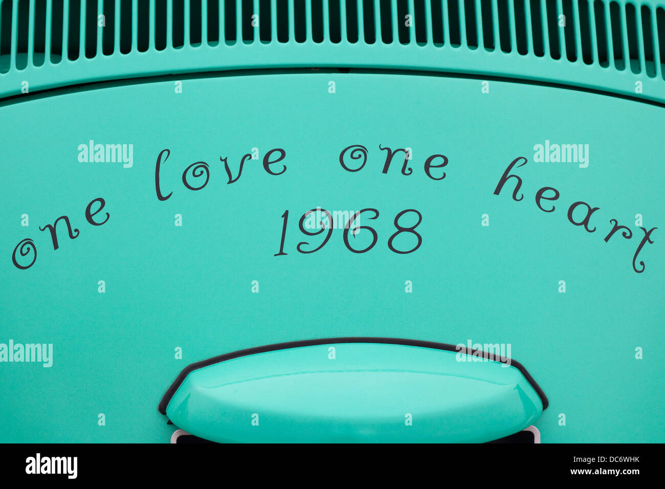 One love one Heart 1968 Volkswagen Beetle at Santa pod Raceway England Stock Photo