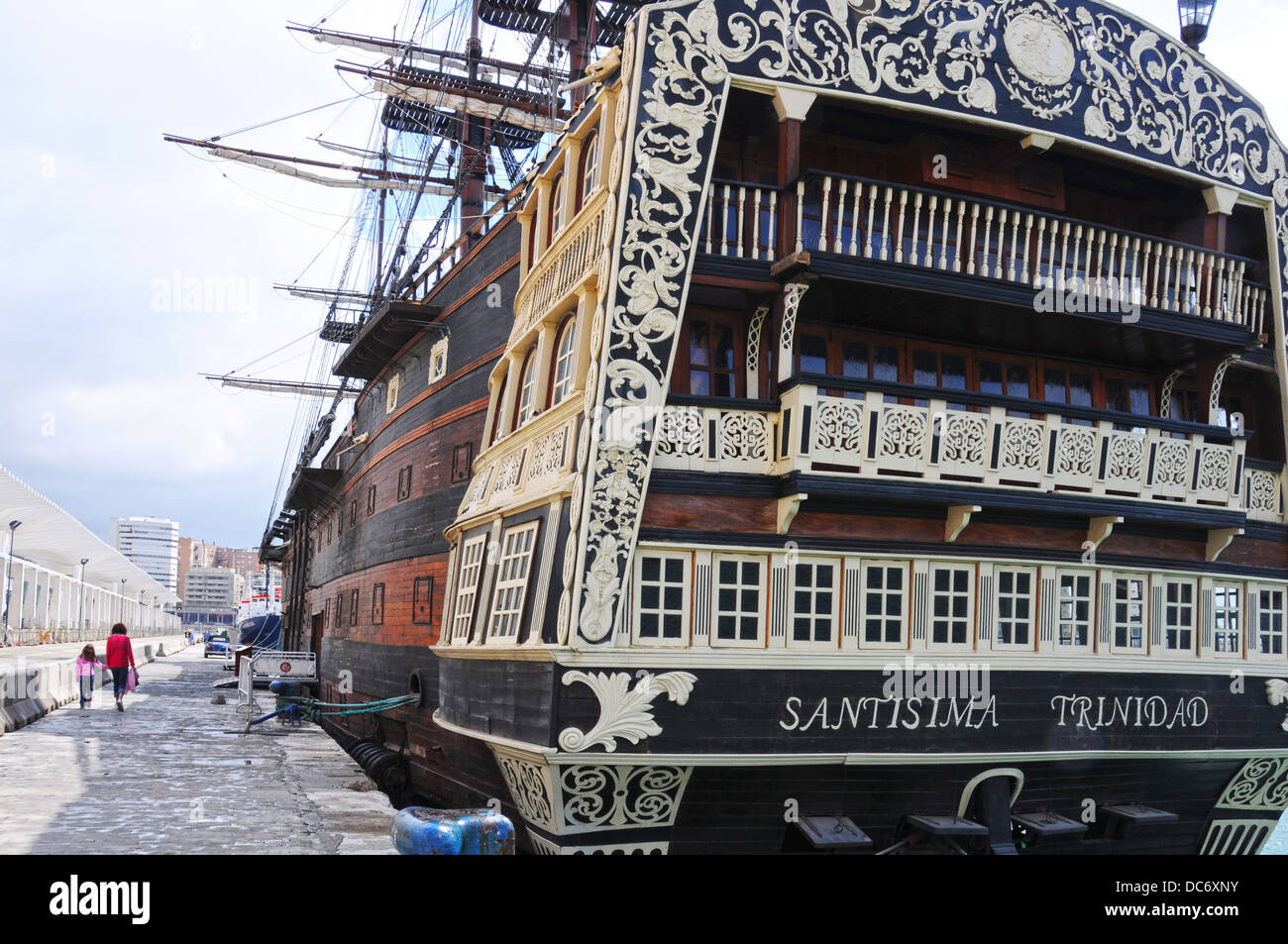 Replica of the square rigged sailing ship Santisima Trinidad alongside the quayside in Malaga, Spain Stock Photo