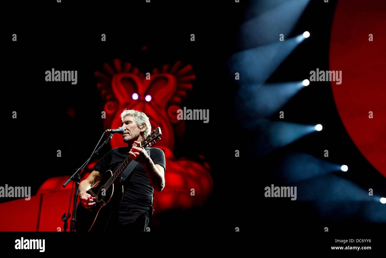 Frankfurt Main, Germany. 09th Aug, 2013. British singer Roger Waters, founding member of Pink Floyd, performs during his 'The Wall' tour at Commerzbank Arena in Frankfurt Main, Germany, 09 August 2013. Waters is performing the songs from the legendary album during his tour. Photo: DANIEL REINHARDT/dpa/Alamy Live News Stock Photo
