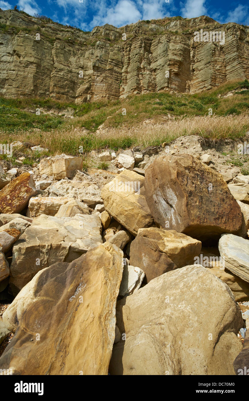 The cliff face with fallen rocks Rock-A-Nore Hastings Sussex Stock Photo