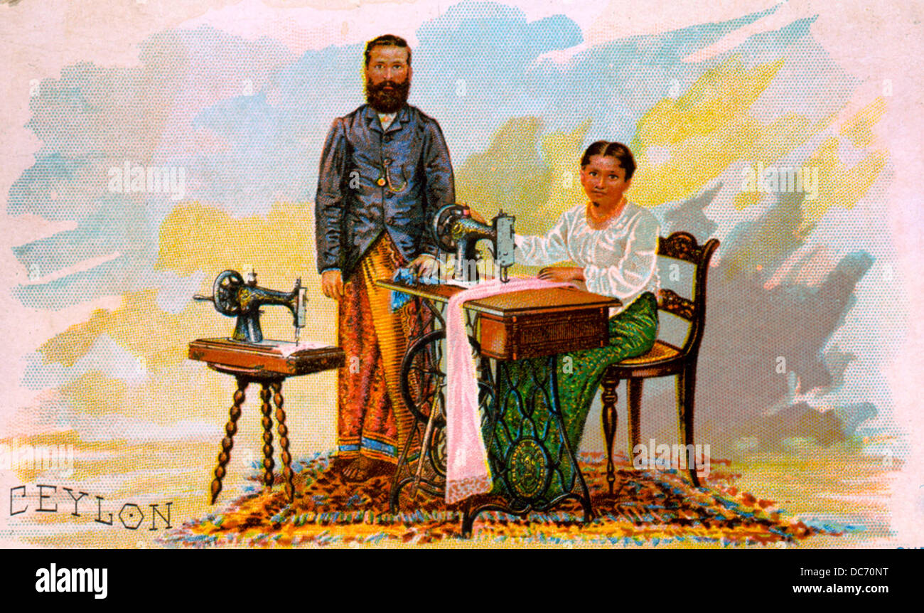 Singer sewing machine advertisement card, distributed at World Columbian Exposition, Chicago, 1893, showing two people from Ceylon with two Singer sewing machines. Stock Photo
