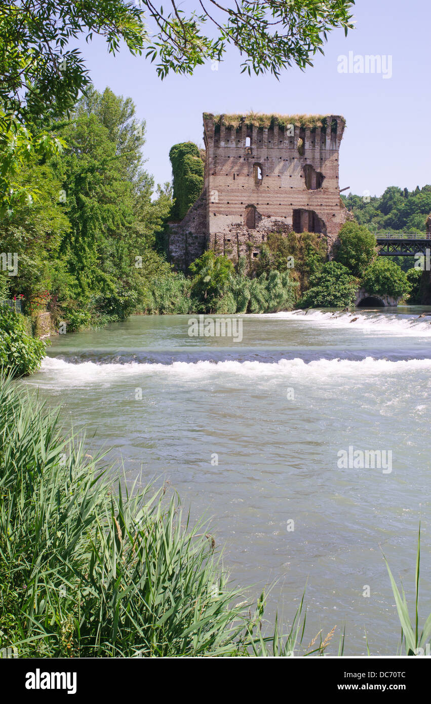 Part of the Visconti bridge at the Italian medieval fortified village of Borghetto on river Mincio in the Province of Verona. Stock Photo