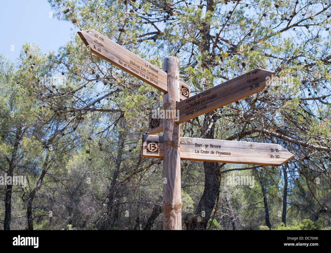 Wooden footpath signpost near to Le Tholonet, Aix en Provence, France Stock Photo