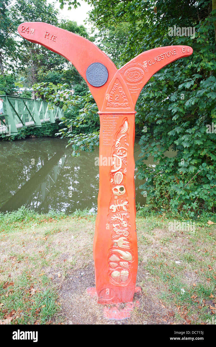 National Cycle Network Milepost No 2 This is the Fossil Tree design by John Mills Hythe Kent UK Stock Photo