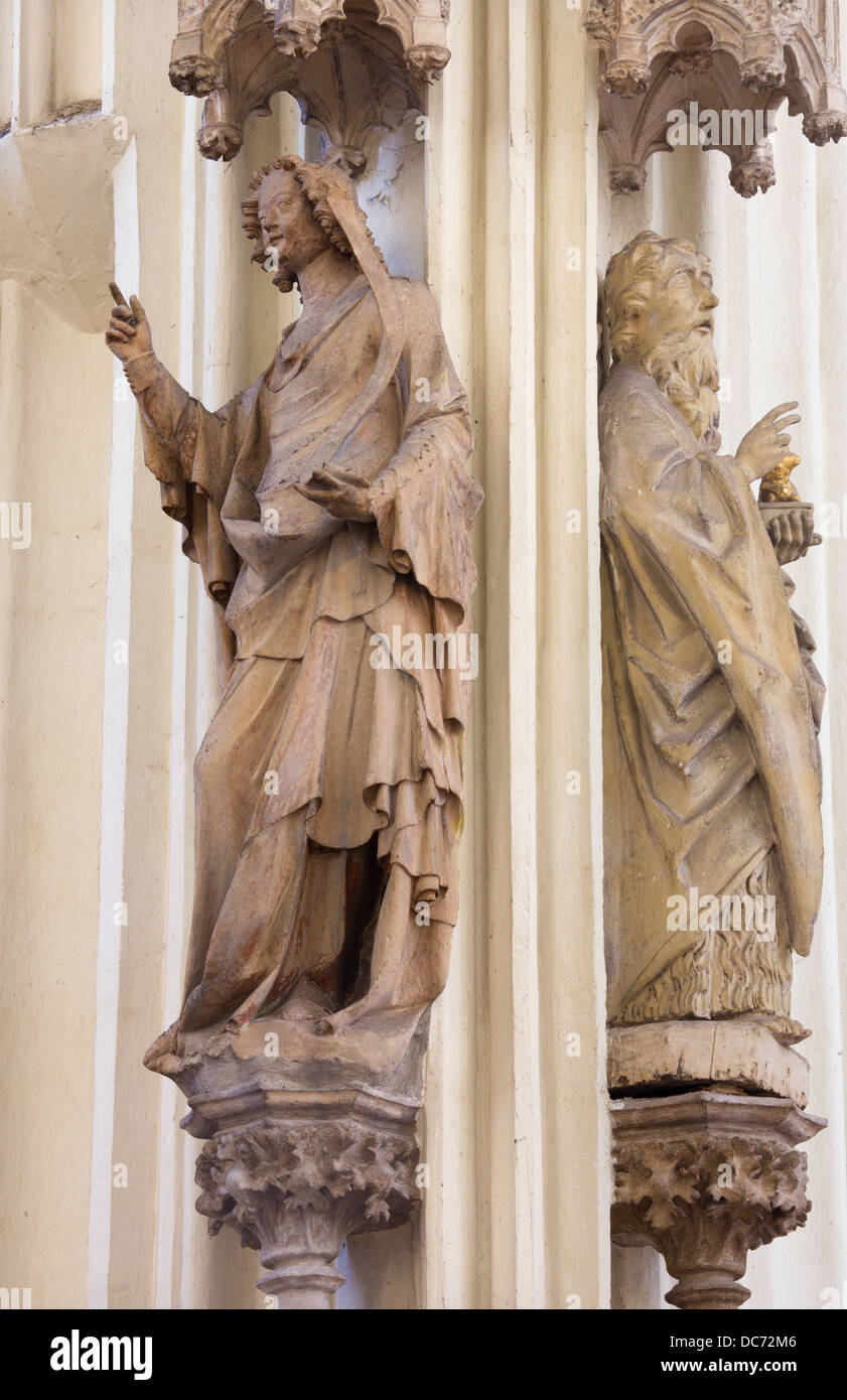 VIENNA - JULY 3: Statue of saints from nave of gothic church Maria am Gestade on July 3, 2013 in Vienna. Stock Photo