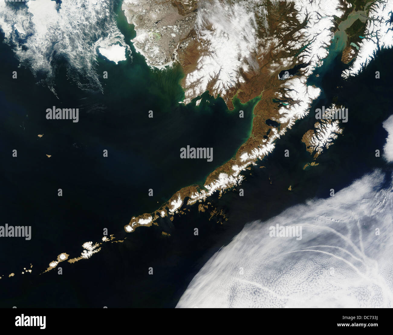 Alaskan Peninsula And The Aleutian Islands Satellite View Stock Photo