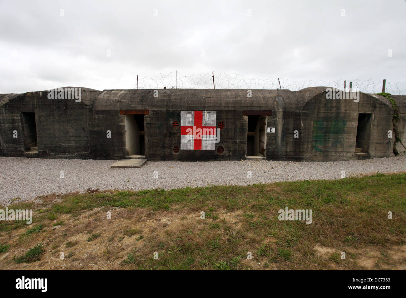 Gun Battery at Crisbecq, which held out to the allied onslaught on D-Day. Red Cross to show hospital bunker. Stock Photo