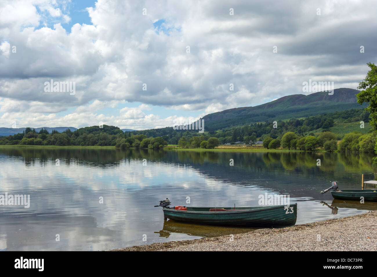 Boats at the Lake of Monteith a trout fishery near Aberfoyle Stirlingshire Trossachs Scotland Stock Photo