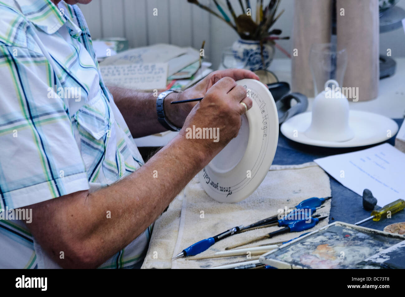 Delft, Netherlands. 5th August 2013 - Potters make and paint traditional blue and white Delft Pottery Stock Photo