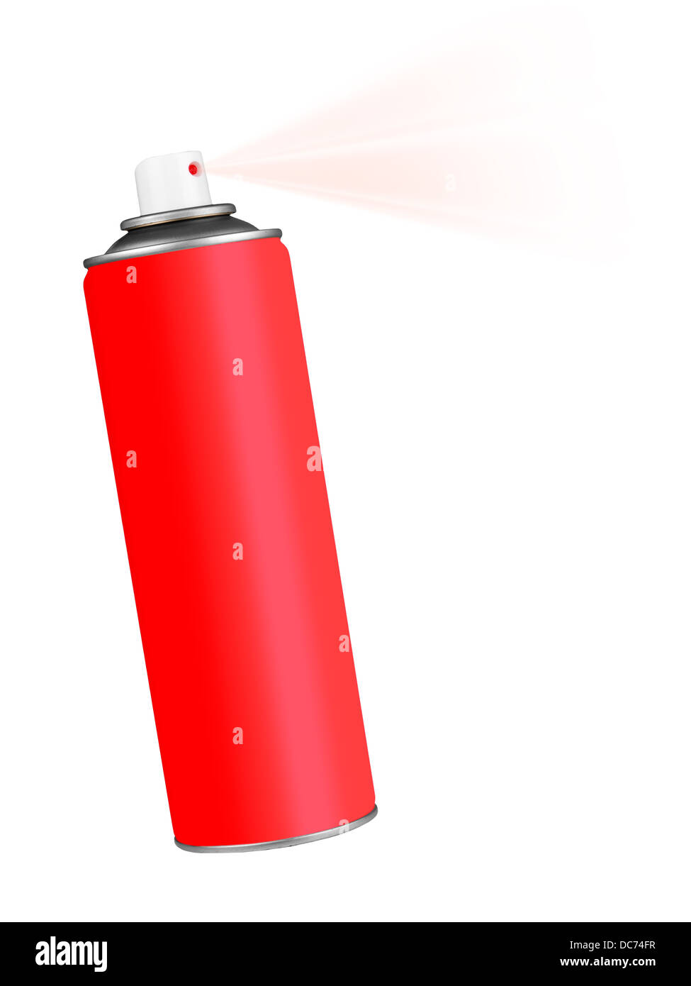Red spray can with spray over white Stock Photo