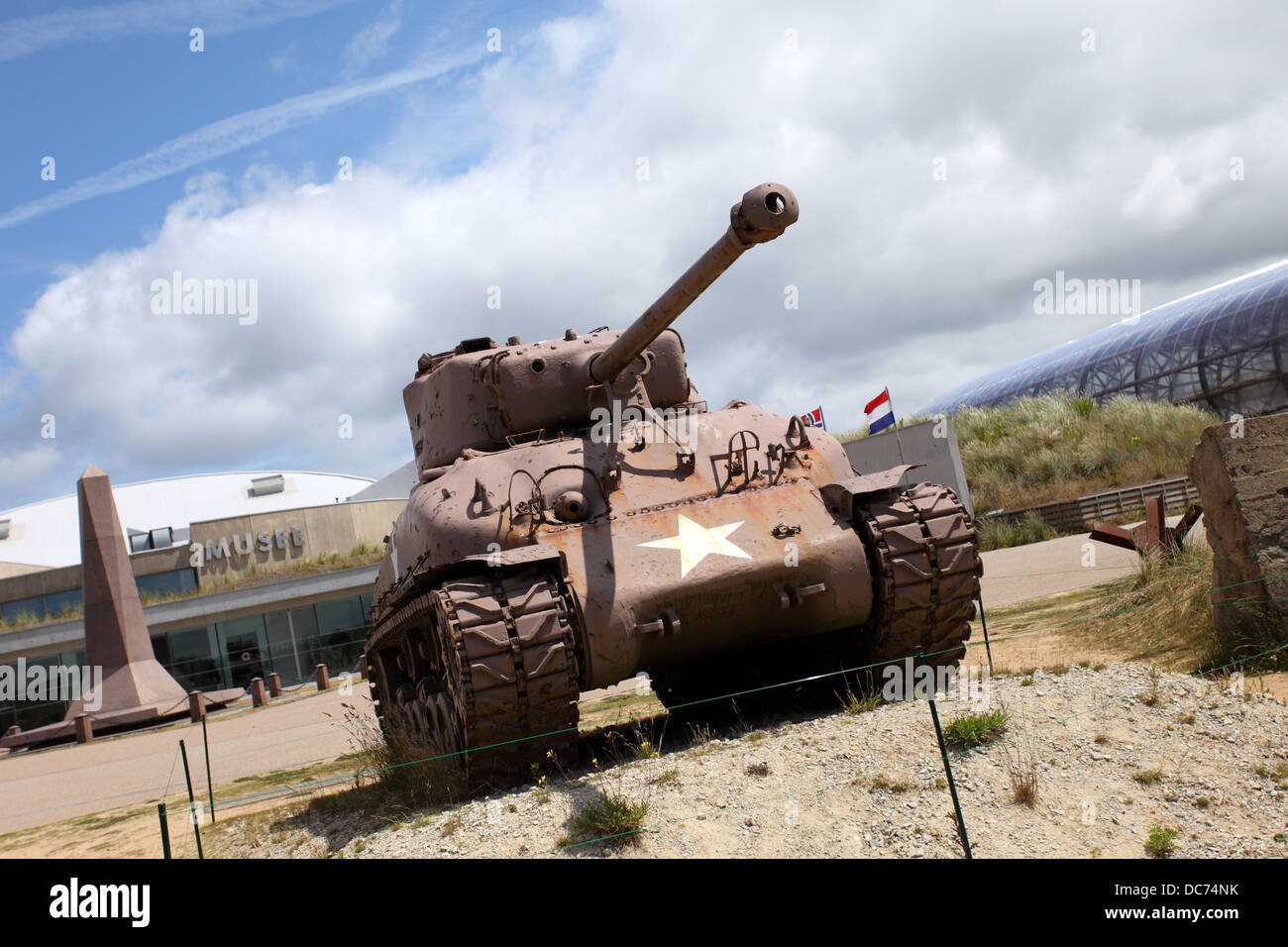 Sherman Tank abandoned at Utah Beach, Normandy, now a memorial to those who died liberating France. Stock Photo