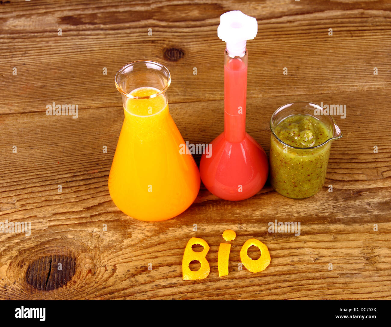 Juices from test tube, biochemistry concept, top view Stock Photo - Alamy