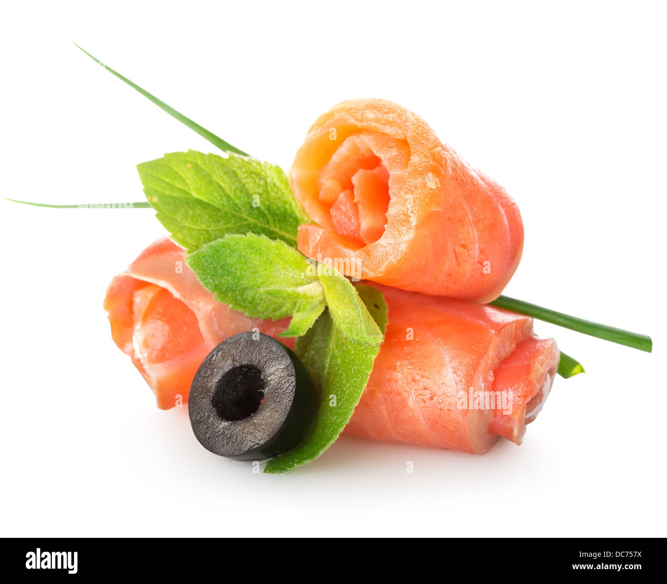 Rolls of red fish fillet isolated on a white background Stock Photo