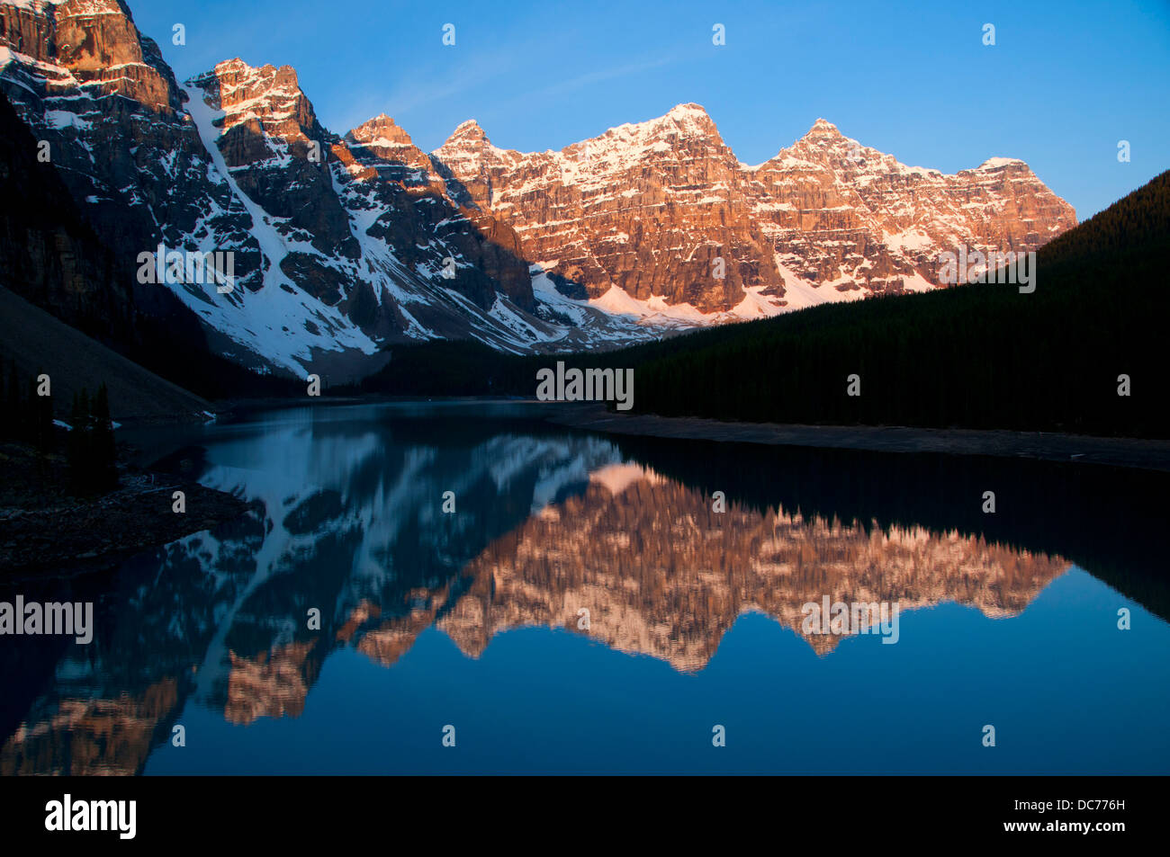 Wenkchemna Peaks reflection in Moraine Lake from Rockpile Trail, Banff National Park, Alberta, Canada Stock Photo