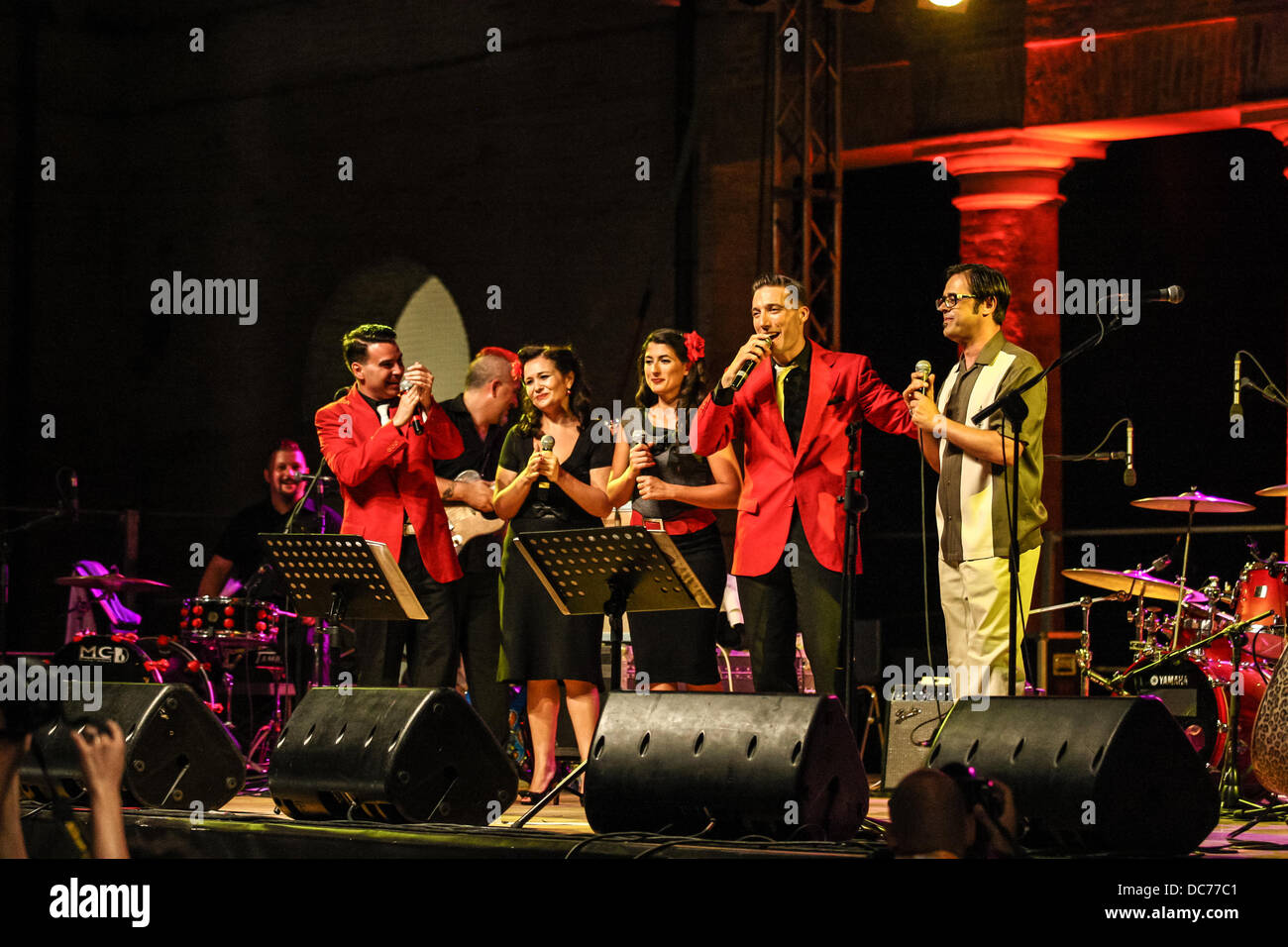 Senigallia, Italy. 9th August, 2013. Summer Jamboree 6th day  [International Festival 60's revival Rock & Roll] The Adels + GREG + The Acappella Swingers Performing at the Main Stage in the Foro Annonario, Senigallia, Italy on Aug 09, 2013. Credit:  Valerio Agolino/Alamy Live News Stock Photo